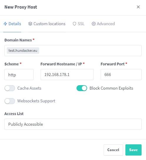 Neuer Proxy Host – Details
