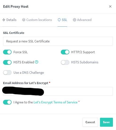 Neuer Proxy Host – SSL